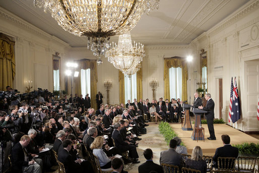 President George W. Bush and Prime Minister John Howard of Australia hold a joint press conference in the East Room Tuesday, May 16, 2006. "The people of Australia are independent-minded, they're smart, they're capable, their hardworking and I really enjoy my relationship with the Prime Minister," said President Bush. White House photo by Paul Morse