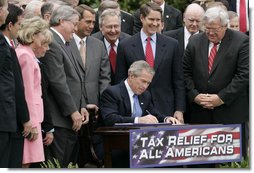 President George W. Bush signs H.R. 4297, the Tax Relief Extension Reconciliation Act of 2005, during bill-signing ceremonies Wednesday, May 17, 2006, on the South Lawn. White House photo by Paul Morse