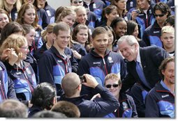 President George W. Bush poses for a photo after delivering congratulatory remarks to the 2006 U.S. Winter Olympic and Paralympic teams during a ceremony held on the South Lawn of the White House Wednesday, May 17, 2006.  White House photo by Eric Draper