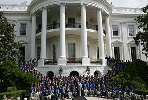 President George W. Bush and Laura Bush pose with the 2006 U.S. Winter Olympic and Paralympic teams during a congratulatory ceremony held on the South Lawn at the White House Wednesday, May 17, 2006. White House photo by Shealah Craighead