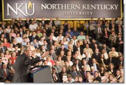 President George W. Bush gestures as he addresses his remarks on the American Competitiveness Initiative to an audience at Northern Kentucy University, Friday, May 19, 2006 in Highland Heights, Ky. White House photo by Kimberlee Hewitt