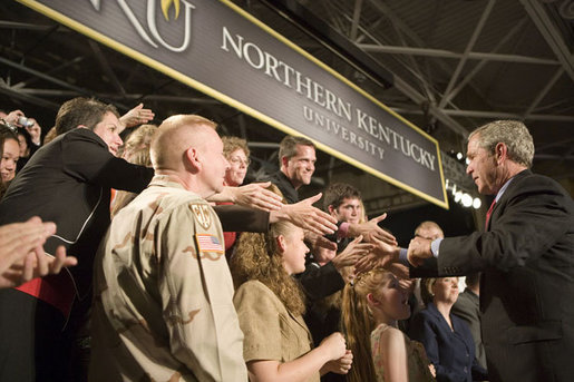 President George W. Bush greets audience members following his address on the American Competitiveness Initiative to an audience at Northern Kentucy University, Friday, May 19, 2006 in Highland Heights, Ky. White House photo by Kimberlee Hewitt