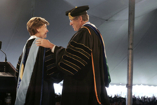 Dr. Roy Nirschel, President of Roger Williams University, thanks Mrs. Laura Bush for delivering the commencement speech at Roger Williams University on Saturday, May 20, 2006, in Bristol, Rhode Island. Mrs. Bush was awarded an honorary doctorate in education from Roger Williams University. White House photo by Shealah Craighead