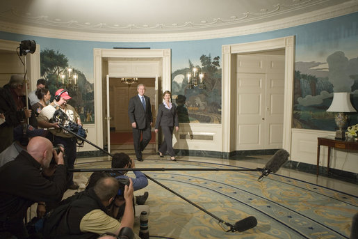 President George W. Bush, with Mrs. Laura Bush by his side, comments on the formation of the new govenment in Iraq, Sunday, May 21, 2006 in the Diplomatic Reception Room of The White House. White House photo by Kimberlee Hewitt