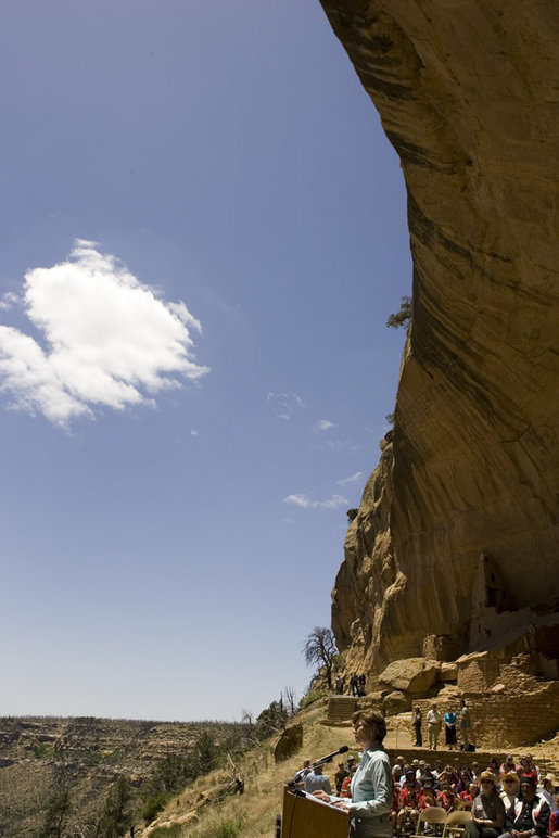 Mrs. Laura Bush speaks from Long House cliff dwelling, Thursday, May 23, 2006, in the western portion of Mesa Verde National Park, Mesa Verde, Colorado. Long House was excavated between 1959 and 1961 as part of the Westerill Mesa Archeological Project. White House photo by Shealah Craighead