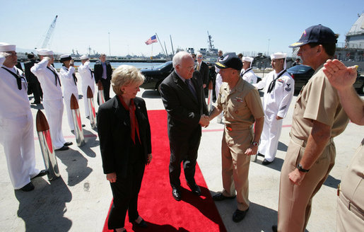 Vice President Dick Cheney and his wife Lynne Cheney is greeted by officers from the amphibious assault ship USS Bonhomme Richard. The vice president spoke to over 4,000 sailors and Marines and thanked them and their families for their service to the country. White House photo by David Bohrer