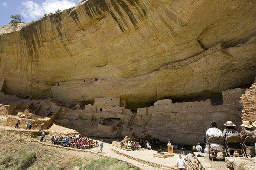 Mrs. Laura Bush talks to a crowd, Thursday, May 23, 2006, assembled in Long House cliff dwellings during a celebration of the 100th anniversary of Mesa Verde and the Antiquities Act in Mesa Verde, Colorado. Mesa Verde was the first national park established to protect America’s man-made treasures; and Long House is the second largest cliff dwelling in the park. White House photo by Shealah Craighead