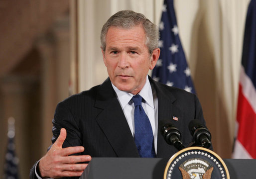 President George W. Bush speaks to the audience Thursday night, May 25, 2006, in the East Room during a joint press availability with Prime Minister Tony Blair of Great Britain. Said the President about Iraq's new government, "As we celebrate this historic moment, it's important to recall how we got there, and take stock in how far we've come." White House photo by Shealah Craighead