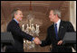 President George W. Bush and Prime Minister Tony Blair of Great Britain shake hands following a joint press availability Thursday, May 25, 2006, in the East Room of the White House during which they pledged their continued support for Iraq's new government. White House photo by Shealah Craighead