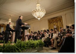 President George W. Bush and British Prime Minister Tony Blair participate in a joint news conference, Thursday, May 25, 2006 in the East Room at the White House. The two leaders voiced their support for the newly elected unity government in Iraq. White House photo by Eric Draper