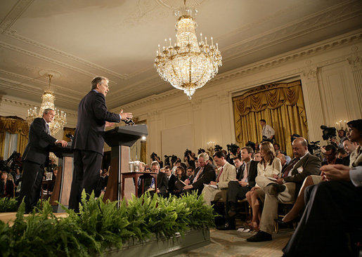 President George W. Bush and British Prime Minister Tony Blair participate in a joint news conference, Thursday, May 25, 2006 in the East Room at the White House. The two leaders voiced their support for the newly elected unity government in Iraq. White House photo by Eric Draper