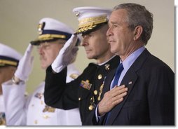 President George W. Bush participates in the Change of Command Ceremony for the Commandant of the U.S. Coast Guard Thursday, May 25, 2006. He stands onstage with General Peter Pace, Chairman, Joint Chiefs of Staff, and Admiral Thad Allen, the 23rd Commandant. White House photo by Eric Draper