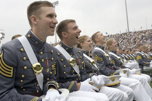 Class of 2006 graduating Cadets of the U.S. Military Academy at West Point, share in a laugh Saturday, May 27, 2006, during President George W. Bush's commencement speech. White House photo by Shealah Craighead