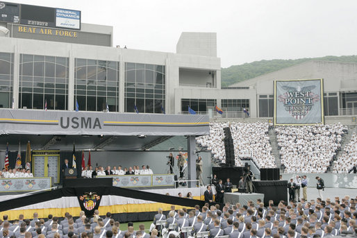 President George W. Bush addresses West Point's 208th graduating class Saturday, May 27, 2006, in West Point, N.Y. During his remarks the President said, "Now the Class of 2006 will enter the great struggle and the final outcome depends on your leadership. The war began on my watch but it's going to end on your watch. " White House photo by Shealah Craighead