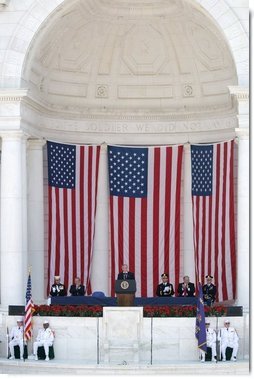 President George W. Bush delivers remarks on Memorial Day at the amphitheatre in Arlington National Cemetery in Arlington, Va., Monday, May 29, 2006.  White House photo by Shealah Craighead