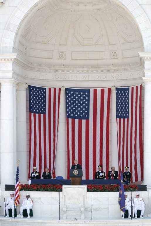 President George W. Bush delivers remarks on Memorial Day at the amphitheatre in Arlington National Cemetery in Arlington, Va., Monday, May 29, 2006. White House photo by Shealah Craighead