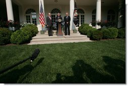 President George W. Bush stands with Treasury Secretary John Snow, left, and Henry Paulson, Chairman and Chief Executive Officer of the Goldman Sachs Group, as he announces his nomination of Mr. Paulson to succeed Secretary Snow. The announcement was made in the Rose Garden Tuesday, May 30, 2006.  White House photo by Shealah Craighead