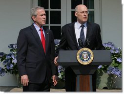 Henry Paulson responds to President George W. Bush Tuesday, May 30, 2006, after the President announced his nomination of the Chairman and Chief Executive Officer of the Goldman Sachs Group to succeed Treasury Secretary John Snow, who announced his resignation.  White House photo by Shealah Craighead