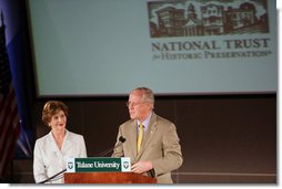 Mrs. Laura Bush listens to Richard Moe, President of the National Trust for Historic Preservation, Wednesday, May 31, 2006. Mr. Moe introduced Mrs. Bush during a historic preservation summit at Tulane University in New Orleans. White House photo by Shealah Craighead