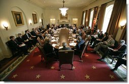 President George W. Bush meets with his Cabinet in the Cabinet Room Thursday, June 1, 2006. Among subjects discussed was the war on terror, the hurricane season, immigration and the strength of the economy. White House photo by Eric Draper