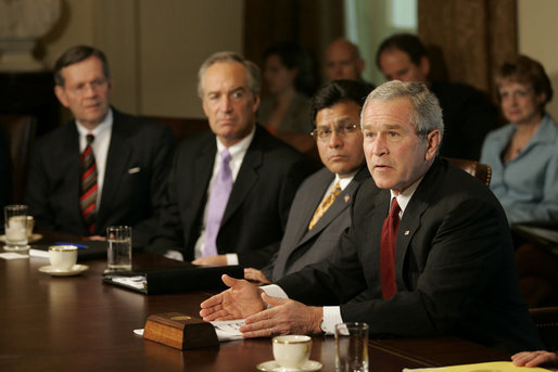 President George W. Bush offers remarks after meeting with the Cabinet Thursday, June 1, 2006, in the Cabinet Room of the White House. Among subjects discussed was the war against terror, the hurricane season, immigration and the strength of the economy. White House photo by Eric Draper