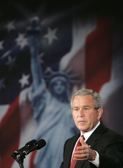 President George W. Bush delivers remarks Thursday, June 1, 2006, on Comprehensive Immigration Reform during an appearance at the United States Chamber of Commerce. Said the President, "America can be a lawful society and America can be a welcoming society at the same time." White House photo by Paul Morse