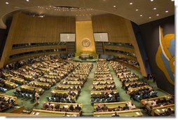 Mrs. Laura Bush delivers remarks about HIV/AIDS at the United Nations General Assembly's High-Level Meeting on AIDS at the United Nations in New York June 2, 2006. Mrs. Bush noted that 560,000 people worldwide are receiving treatment made possible through President Bush's Emergency Plan for AIDS Relief and called for heightened leadership by other nations. White House photo by Shealah Craighead