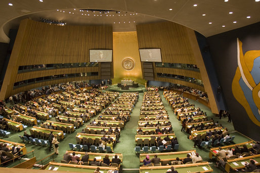 Mrs. Laura Bush delivers remarks about HIV/AIDS at the United Nations General Assembly's High-Level Meeting on AIDS at the United Nations in New York June 2, 2006. Mrs. Bush noted that 560,000 people worldwide are receiving treatment made possible through President Bush's Emergency Plan for AIDS Relief and called for heightened leadership by other nations. White House photo by Shealah Craighead