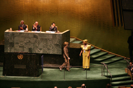 Mrs. Laura Bush walks to meet UN Protocol Officer Mary Muturi of Kenya after addressing the United Nations General Assembly's High-Level Meeting on AIDS at the United Nations in New York Friday, June 2, 2006. White House photo by Shealah Craighead