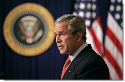 President George W. Bush delivers a statement on the Marriage Protection Amendment in the Presidential Hall of the Dwight D. Eisenhower Executive Office Building Monday, June 5, 2006. "In 1996, Congress approved the Defense of Marriage Act by large bipartisan majorities in both the House and the Senate, and President Clinton signed it into law." said the President. "And since then, 19 states have held referendums to amend their state constitutions to protect the traditional definition of marriage. In every case, the amendments were approved by decisive majorities with an average of 71 percent." White House photo by Eric Draper