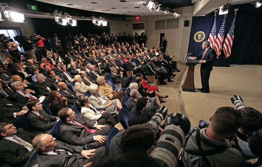 President George W. Bush delivers a statement on the Marriage Protection Amendment in the in the Presidential Hall of the Dwight D. Eisenhower Executive Office Building Monday, June 5, 2006. "You come from many backgrounds and faith traditions, yet united in this common belief: Marriage is the most fundamental institution of civilization, and it should not be redefined by activist judges," said President Bush. White House photo by Eric Draper