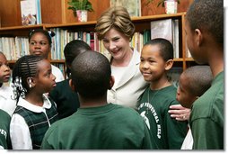 Mrs. Laura Bush meets with students during her visit to Our Lady of Perpetual Help School in Washington, Monday, June 5, 2006, where she announced a Laura Bush Foundation for America’s Libraries grant to the school. White House photo by Shealah Craighead