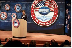 Mrs. Laura Bush addresses the Indiana Regional Conference on Helping America’s Youth, Tuesday, June 6, 2006, at Indiana University-Purdue University Indianapolis, in Indianapolis, Indiana. During her remarks, Mrs. Bush emphasized the need for awareness of the challenges facing today’s youth and the need for adults to care, connect and commit. White House photo by Shealah Craighead