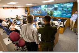 President George W. Bush tours the remote video surveillance Camera Command Center of the Laredo Border Patrol Sector Headquarters, Tuesday, June 6, 2006 in Laredo, Texas.  White House photo by Eric Draper