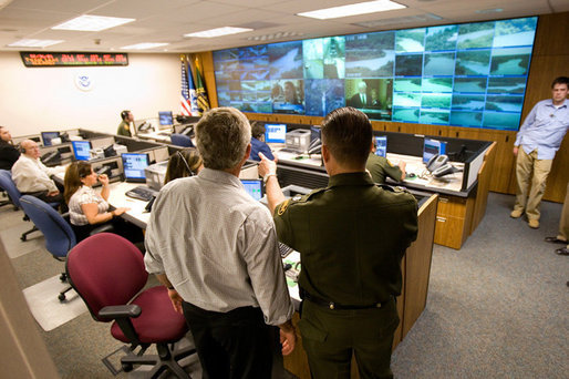 President George W. Bush tours the remote video surveillance Camera Command Center of the Laredo Border Patrol Sector Headquarters, Tuesday, June 6, 2006 in Laredo, Texas. White House photo by Eric Draper