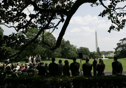 President George W. Bush addresses invited guests as he joins former Idaho Gov. Dirk Kempthorne and his family at Kempthorne’s swearing-in ceremony as the new U.S. Secretary of Interior, Wednesday, June 7, 2006 on the South Lawn of the White House in Washington. White House photo by Eric Draper