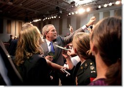 President George W. Bush greets audience members after delivering remarks on comprehensive immigration reform at Metropolitan Community College – South Omaha Campus in Omaha, Nebraska, Wednesday, June 7, 2006. White House photo by Eric Draper