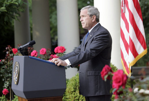 President George W. Bush delivers a statement regarding the death of terrorist al Zarqawi, an al Qaeda leader in Iraq, in the Rose Garden Thursday, June 8, 2006. "Through his every action, he sought to defeat America and our coalition partners, and turn Iraq into a safe haven from which al Qaeda could wage its war on free nations," said the President. "To achieve these ends, he worked to divide Iraqis and incite civil war." White House photo by Eric Draper