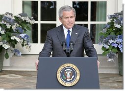 President George W. Bush delivers a statement regarding the death of terrorist al Zarqawi, an al Qaeda leader in Iraq, in the Rose Garden Thursday, June 8, 2006. "Last night in Iraq, United States military forces killed the terrorist al Zarqawi," said the President. "At 6:15 p.m. Baghdad time, special operation forces, acting on tips and intelligence from Iraqis, confirmed Zarqawi's location, and delivered justice to the most wanted terrorist in Iraq." White House photo by Kimberlee Hewitt