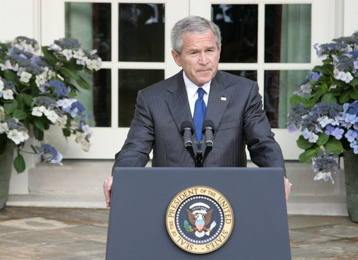 President George W. Bush delivers a statement regarding the death of terrorist al Zarqawi, an al Qaeda leader in Iraq, in the Rose Garden Thursday, June 8, 2006. "Last night in Iraq, United States military forces killed the terrorist al Zarqawi," said the President. "At 6:15 p.m. Baghdad time, special operation forces, acting on tips and intelligence from Iraqis, confirmed Zarqawi's location, and delivered justice to the most wanted terrorist in Iraq." White House photo by Kimberlee Hewitt