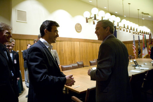 President George W. Bush and Prime Minister Anders Fogh Rasmussen of Denmark meet at Camp David Friday, June 9, 2006. White House photo by Eric Draper