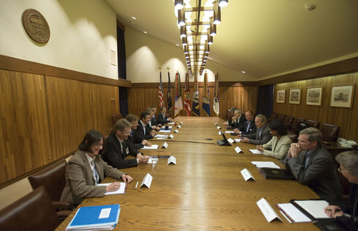 President George W. Bush and Prime Minister Anders Fogh Rasmussen of Denmark meet at Camp David Friday, June 9, 2006. White House photo by Eric Draper