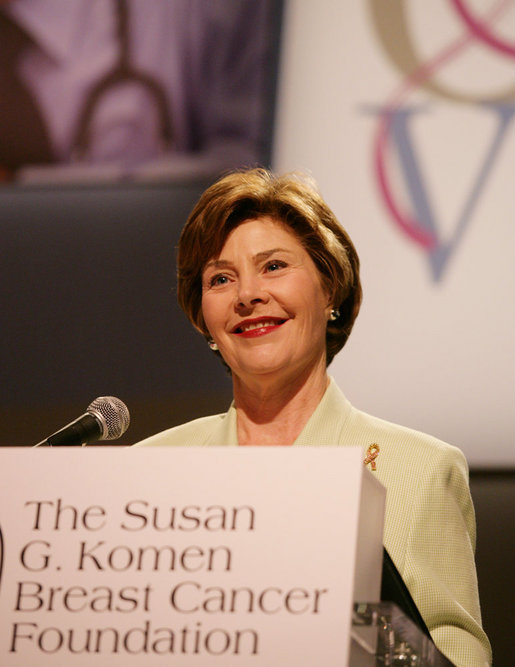 Mrs. Laura Bush addresses an audience at the Susan G. Komen Breast Cancer Foundation’s 2006 Mission Conference in Washington, DC. Mrs. Bush announced the U.S.-Middle East Partnership for Breast Cancer Awareness and Research which allows governments, hospitals, researchers, and survivors to work with each other to help defeat breast cancer.The partnership will include the U.S. State Department, the Susan G. Komen Foundation, MD Anderson Cancer Center, The John Hopkins University and both the United Arab Emirates and the Kingdom of Saudi Arabia. White House photo by Shealah Craighead