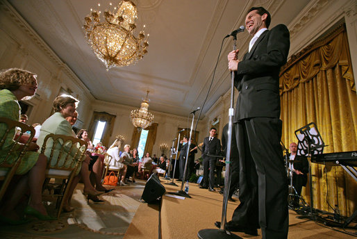 Members of the cast from the Tony award-winning musical Jersey Boys perform during a luncheon for Senate Spouses hosted by Mrs. Laura Bush in the East Room Monday, June 12, 2006. White House photo by Shealah Craighead