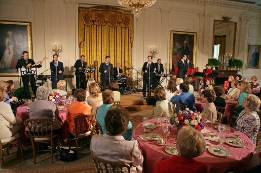 Members of the cast from the Tony award-winning musical "Jersey Boys" perform during a luncheon for Senate Spouses hosted by Mrs. Laura Bush in the East Room Monday, June 12, 2006. White House photo by Shealah Craighead