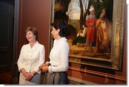 Mrs. Laura Bush and Mrs. Leila Castellaneta, wife of the Italian ambassador, speak to the press during their preview tour of the upcoming exhibition Bellini, Giorgione, Titian, and the Renaissance of Venetian Painting at the National Gallery of Art Tuesday, June 14, 2006. The exhibition opens June 18 and runs through September 17, 2006. White House photo by Shealah Craighead