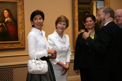 Mrs. Laura Bush and Mrs. Leila Castellaneta, wife of the Italian ambassador, speak to the press during their preview tour of the upcoming exhibition Bellini, Giorgione, Titian, and the Renaissance of Venetian Painting at the National Gallery of Art Tuesday, June 14, 2006. The exhibition opens June 18 and runs through September 17, 2006. White House photo by Shealah Craighead