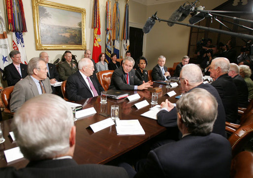 President George W. Bush, is joined by Vice President Dick Cheney, Defense Secretary Donald Rumsfeld, left, and Secretary of State Condoleezza Rice, right, as he addresses members of the Iraq Study Group Wednesday, June 14, 2006 in the Roosevelt Room at the White House, thanking the bipartisan group for their willingness to provide advice to the administration on Iraq. White House photo by Kimberlee Hewitt