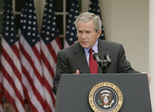 President George W. Bush answers a reporter’s question Wednesday morning, June 14, 2006, during a news conference in the Rose Garden, following his trip to Iraq where he met with members of the Iraq government and U.S. troops. White House photo by Paul Morse