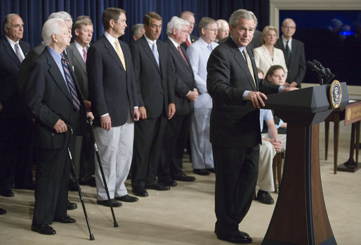 President George W. Bush speaks during the signing of S. 2803, The MINER Act, in the Dwight D. Eisenhower Executive Office Building Thursday, June 15, 2006."We honor the memory of all lost miners today; that's what we're doing signing this bill. We make this promise to American miners and their families: We'll do everything possible to prevent mine accidents and make sure you're able to return safely to your loved ones," said President Bush. White House photo by Eric Draper